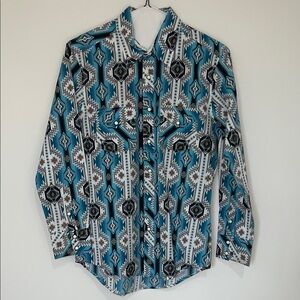 Men's Teal Geometric Button-Down Western Shirt